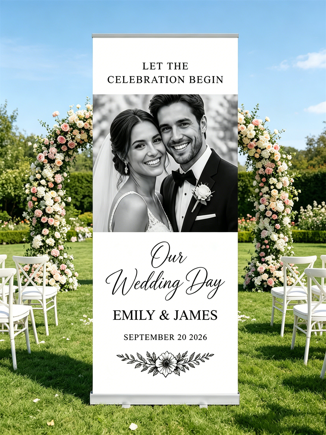 Customized wedding retractable banners - personalized photo wedding welcome signs, reception decorations and background curtains